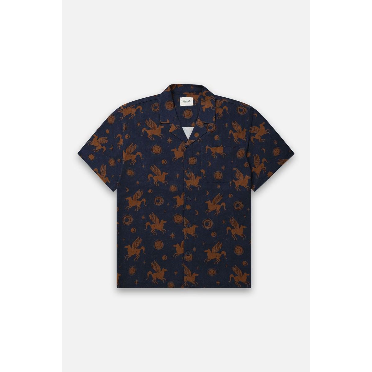 Kuwalla Linen Yacht Shirt: navy with brown winged-horse print, 100% linen and Cuban collar.