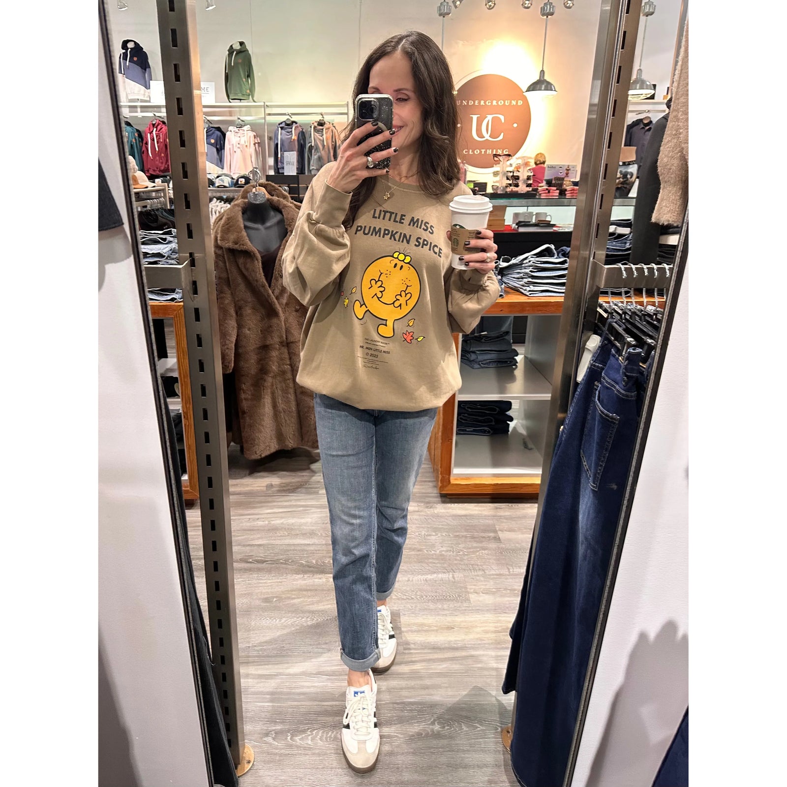 Laundry Room Little Miss Pumpkin Spice Crew sweatshirt with beige oversized fit and pumpkin graphic print.