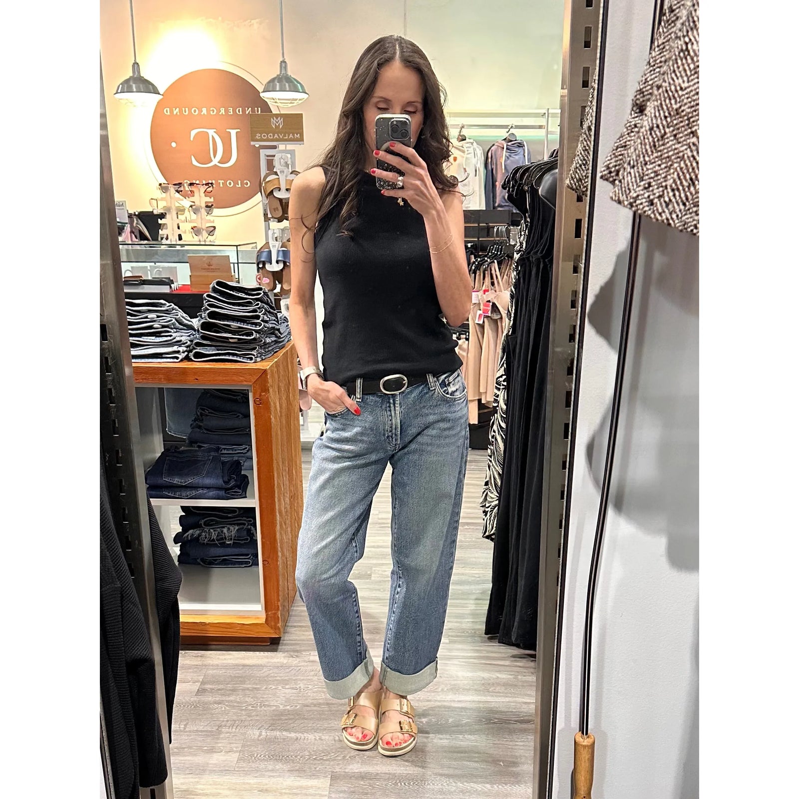 Silver Relaxed Straight Leg in Willow jeans on a model with a rolled 2.5-inch cuff, medium blue wash.