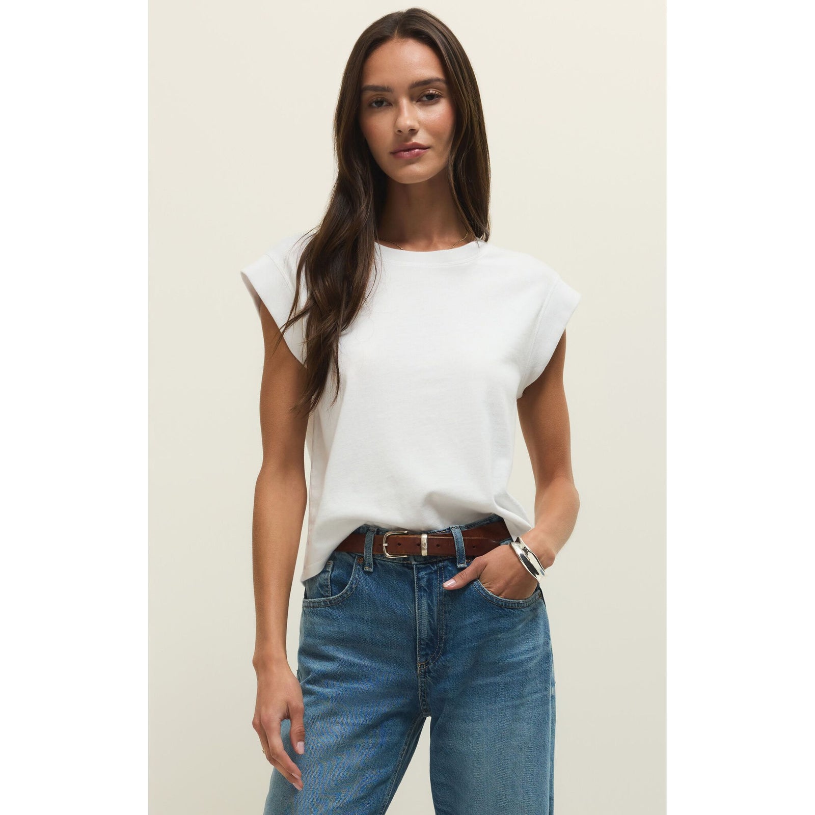Z Supply Camino Jersey Top: white relaxed crewneck tee with statement sleeves on a model in jeans.
