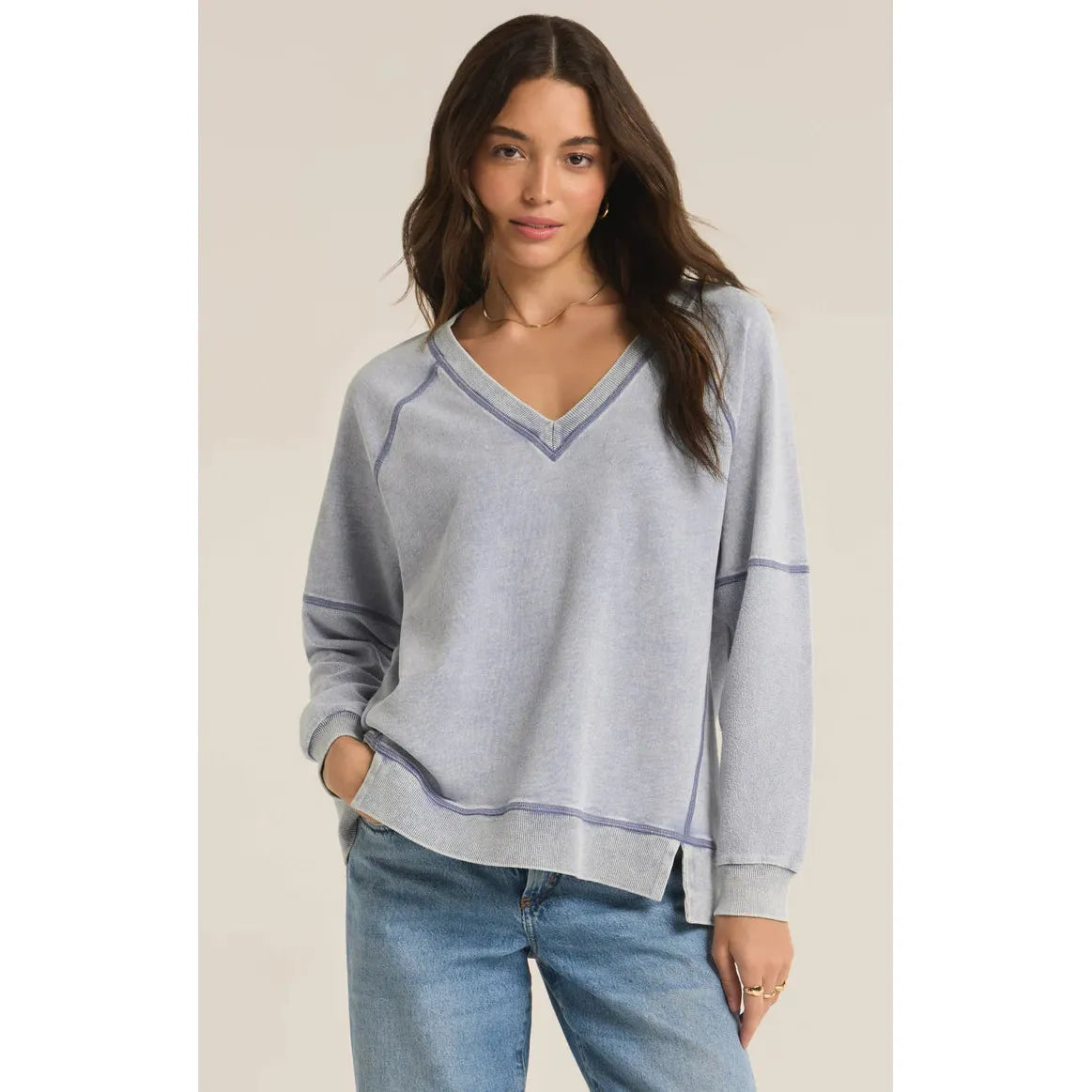 Z Supply Easy V-Neck Knit Denim Sweatshirt