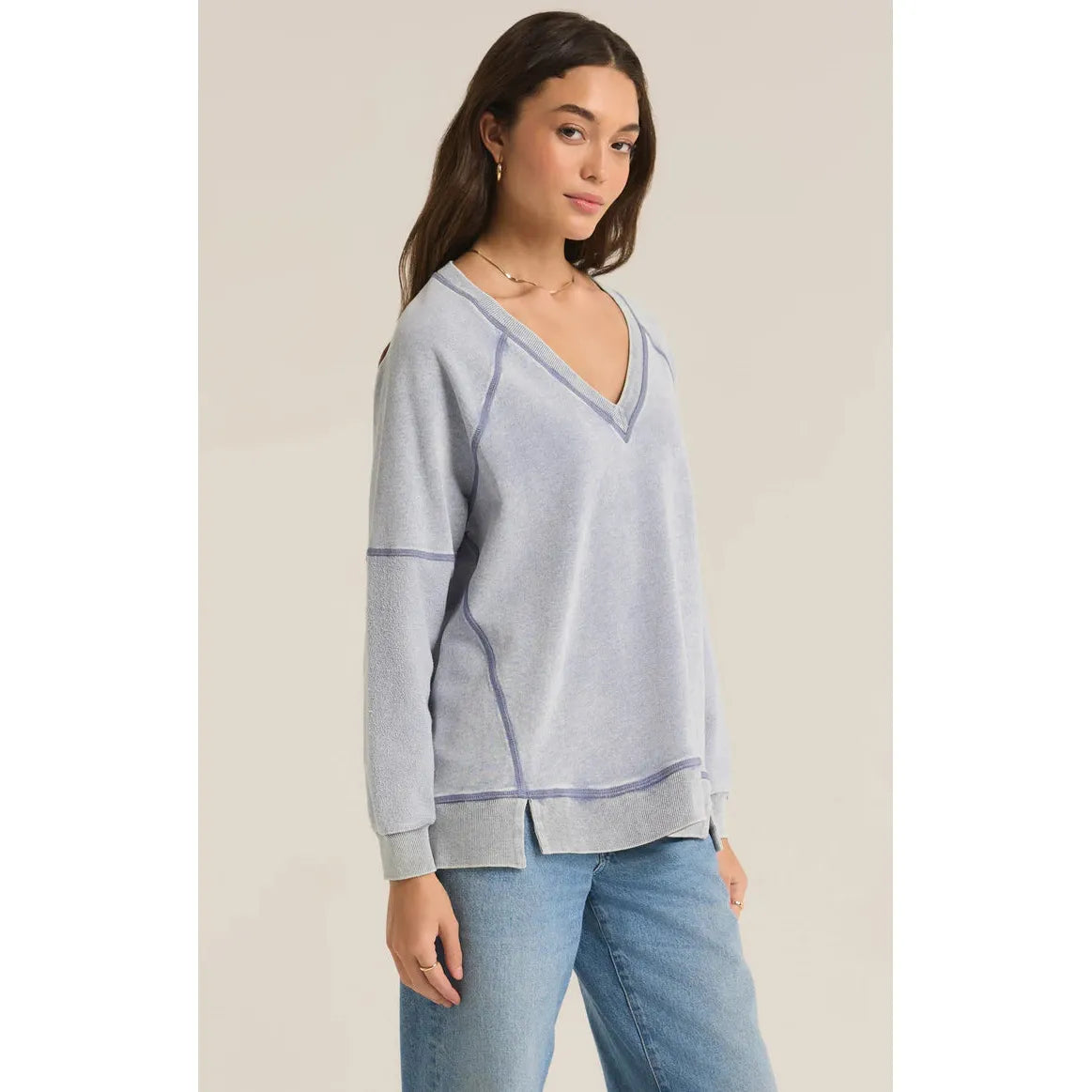 Z Supply Easy V-Neck Knit Denim Sweatshirt