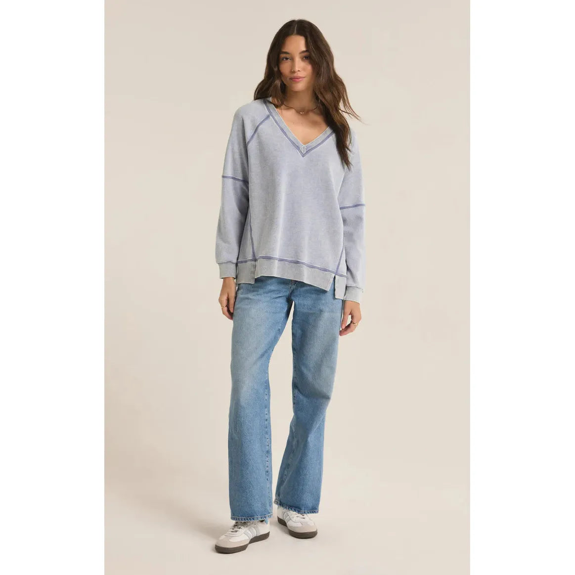 Z Supply Easy V-Neck Knit Denim Sweatshirt