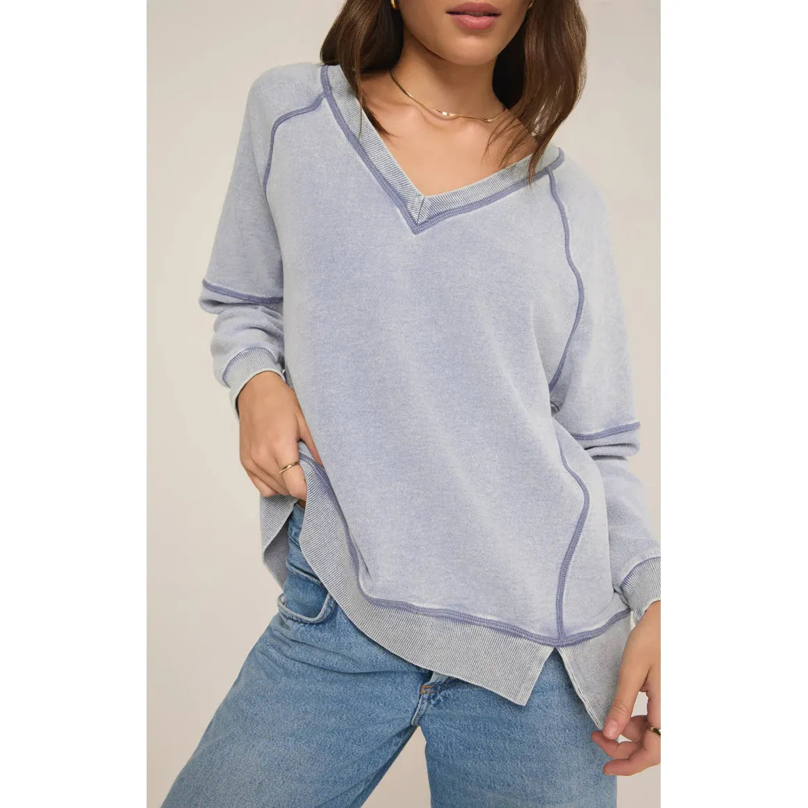 Z Supply Easy V-Neck Knit Denim Sweatshirt