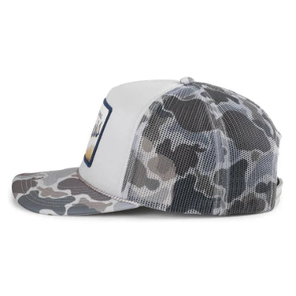 Coors Original Mallard Trucker Hat with gray camo mesh, matching brim, and patch logo.