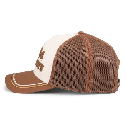 Brown and white Coors & Cowboys trucker hat with mesh back and embroidered logo, blending Western heritage with rugged American style.