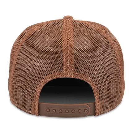 Back view of a brown Coors & Cowboys Trucker Hat featuring mesh ventilation and an adjustable snap closure.
