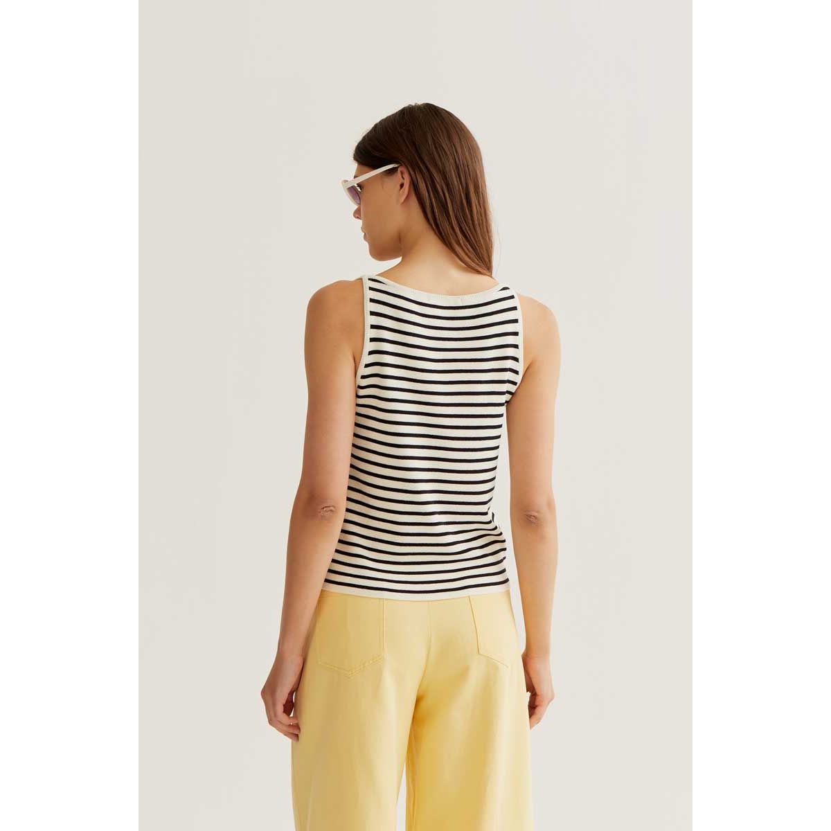 Back view of Banana on Black Stripes Tank: cream knit sleeveless top with bold black stripes.