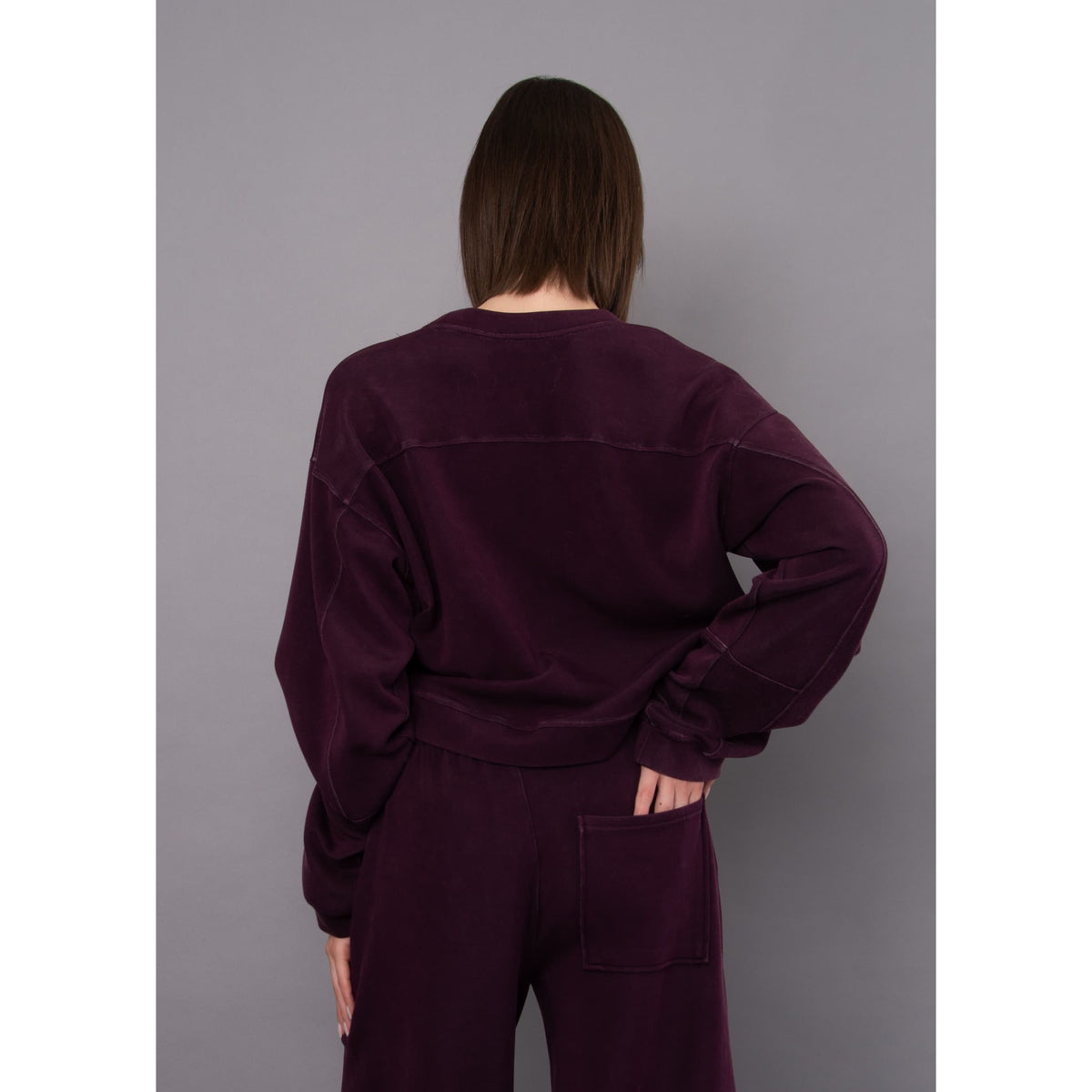 Back view of a maroon soft knit pullover with a relaxed crewneck silhouette and visible seam detailing.
