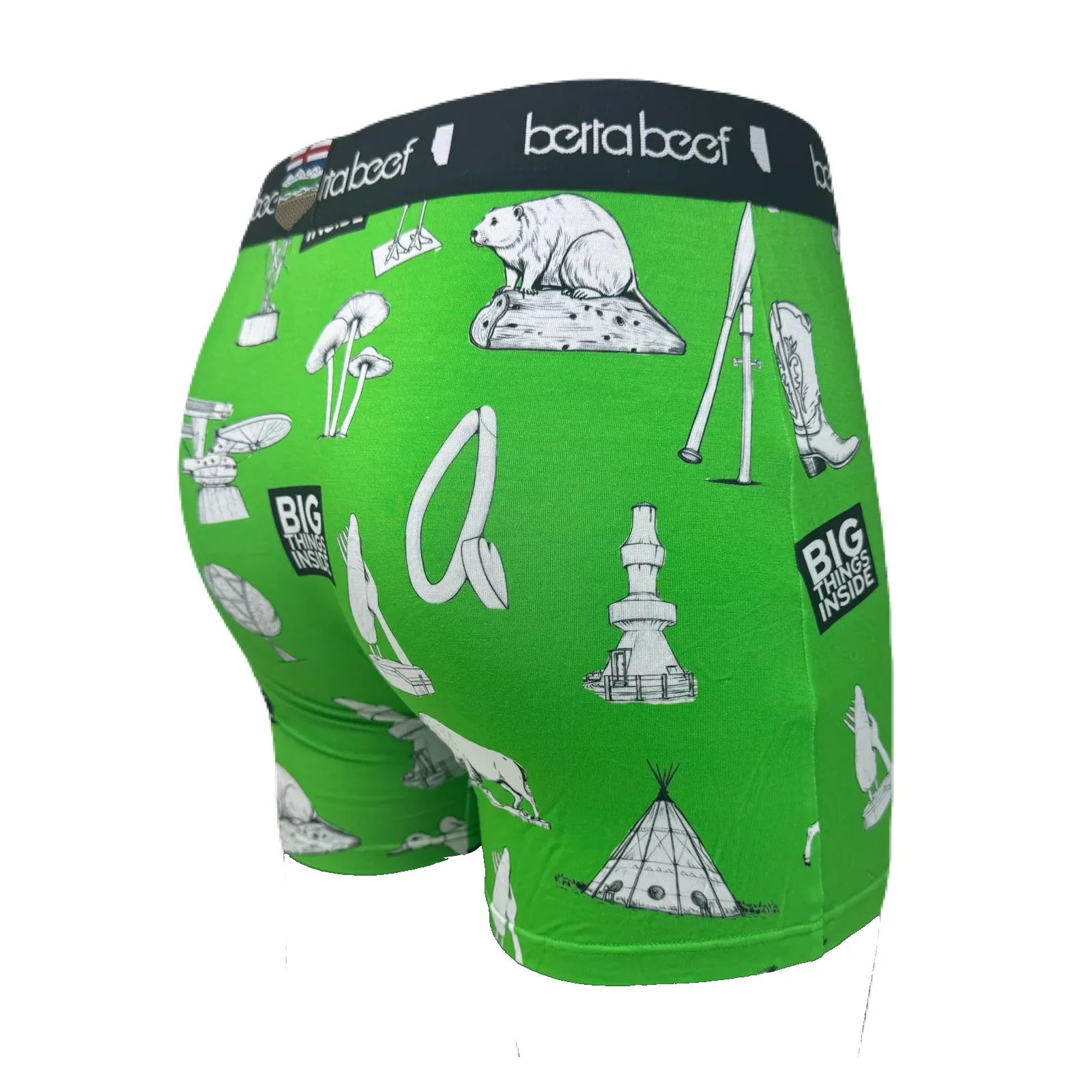 Berta Beef Big Things Green Boxer Briefs with black waistband and white "Big Things Inside" illustrations.