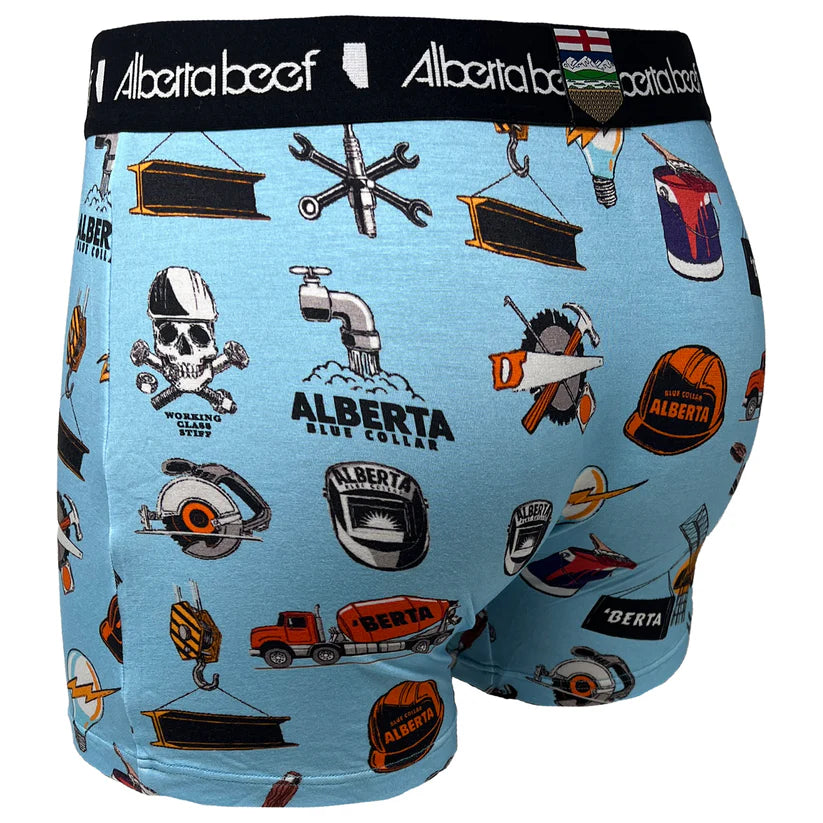 Berta Beef Blue Collar boxer brief featuring Alberta-themed prints and a black waistband.