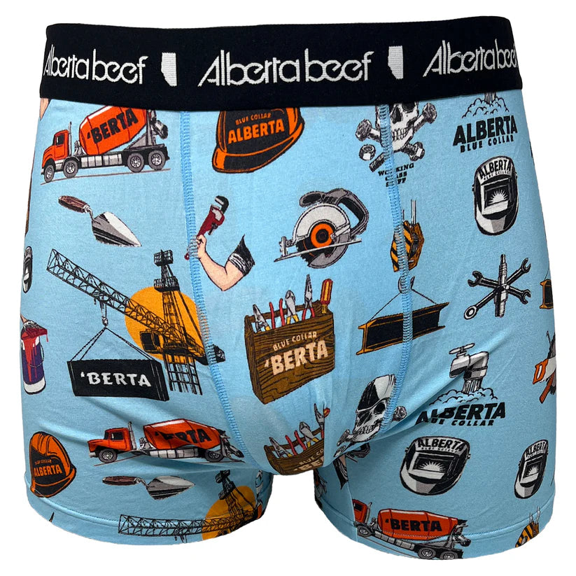 Berta Beef Blue Collar boxer brief featuring Alberta-themed prints and a black waistband.