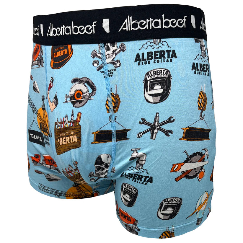 Berta Beef Blue Collar Boxer Brief in blue with Alberta-themed work icons and black branded waistband.