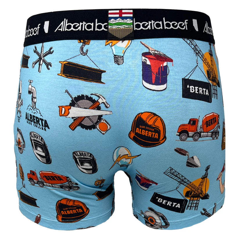 Berta Beef Blue Collar Boxer Brief with construction-themed print and Alberta logos on blue fabric.
