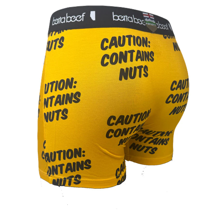 Yellow Berta Beef Contains Nuts boxer briefs with bold CAUTION: CONTAINS NUTS print and black branded waistband.