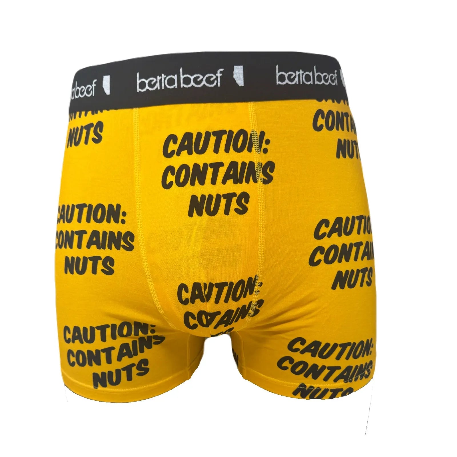Yellow Berta Beef Contains Nuts boxer briefs with bold CAUTION: CONTAINS NUTS print and black branded waistband.