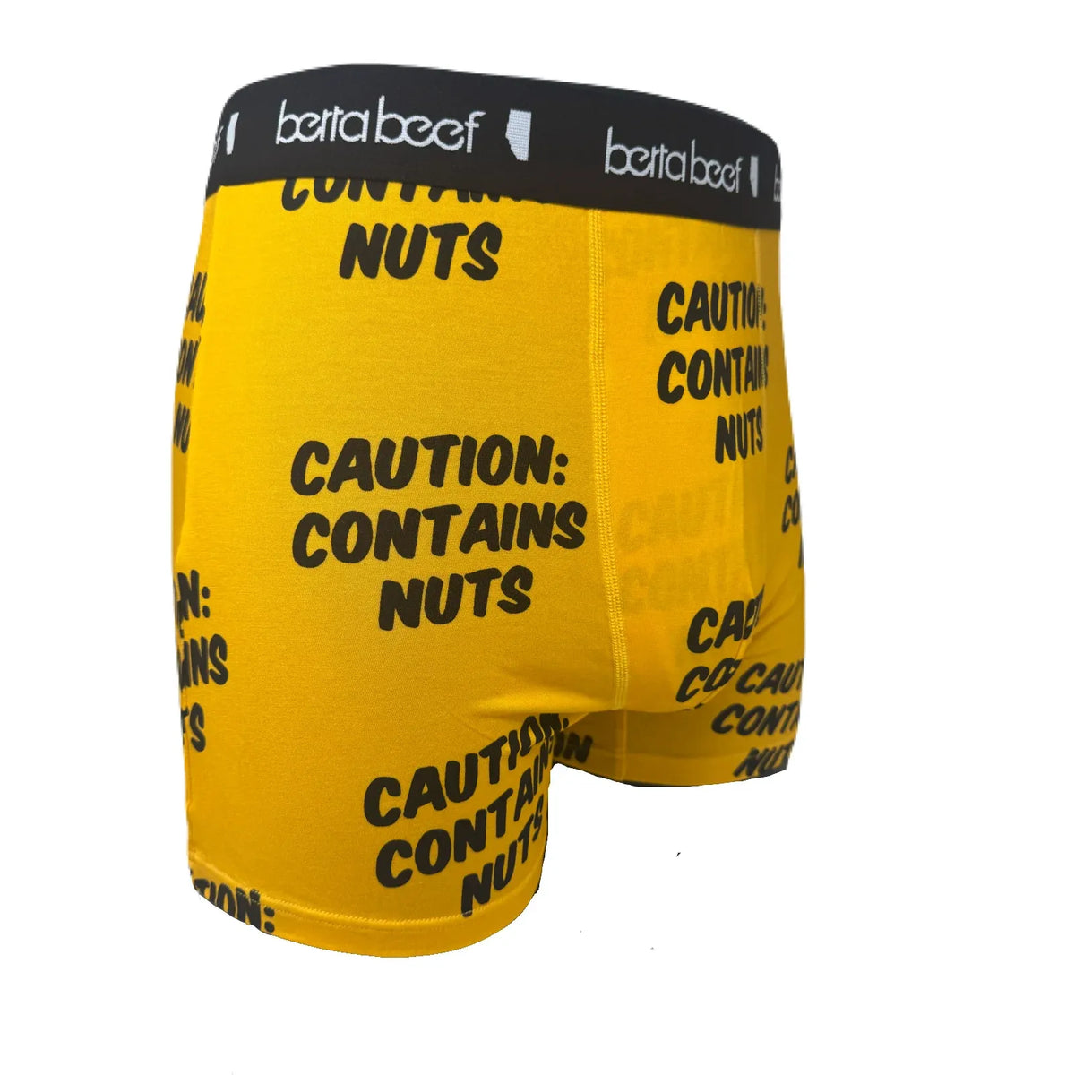 Yellow Berta Beef Contains Nuts Boxer Brief with bold caution contains nuts print and black waistband.
