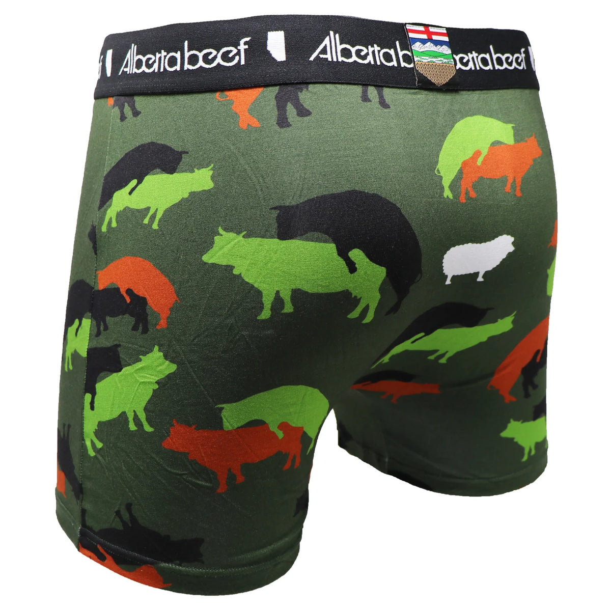 Berta Cowmo Sutra Boxer Brief in camo with colorful cow silhouettes and a lone sheep.