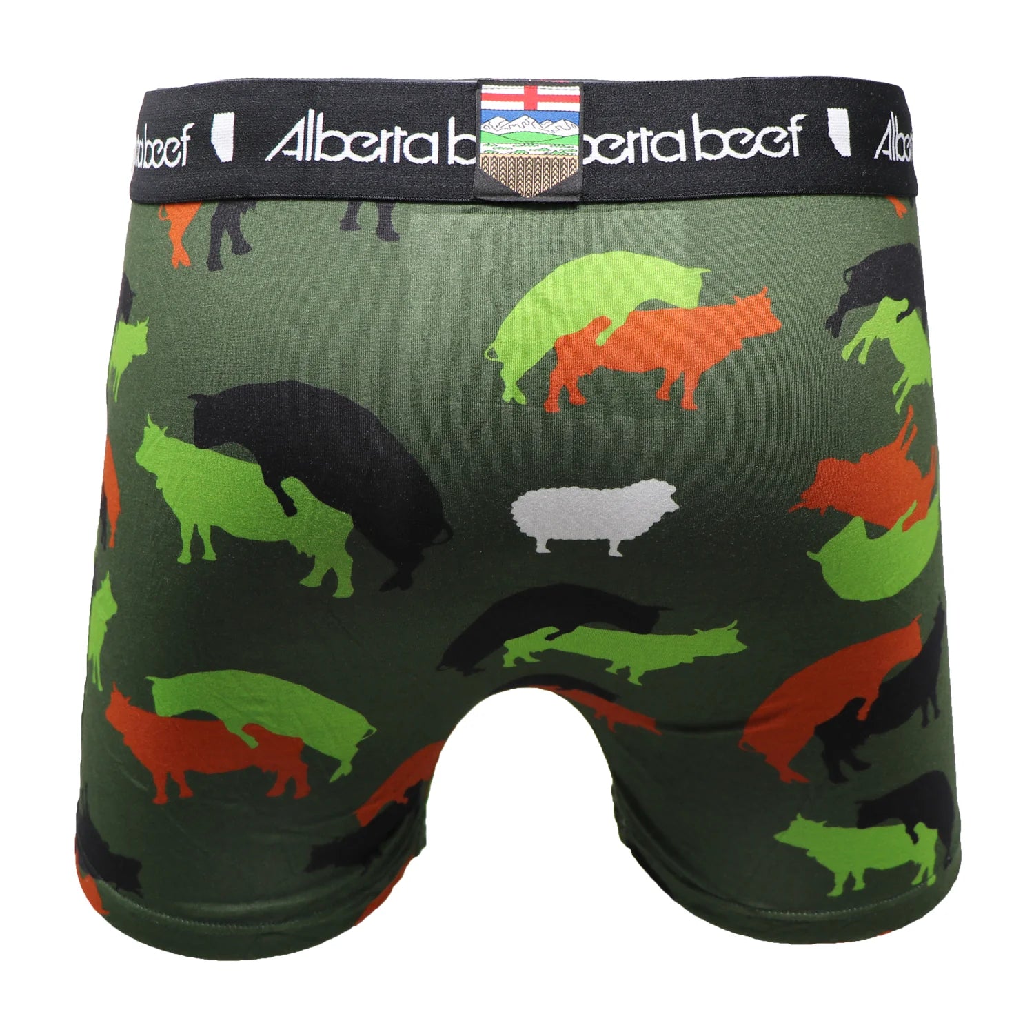Berta Cowmo Sutra Boxer Brief in camo with colorful cow silhouettes and a lone sheep.