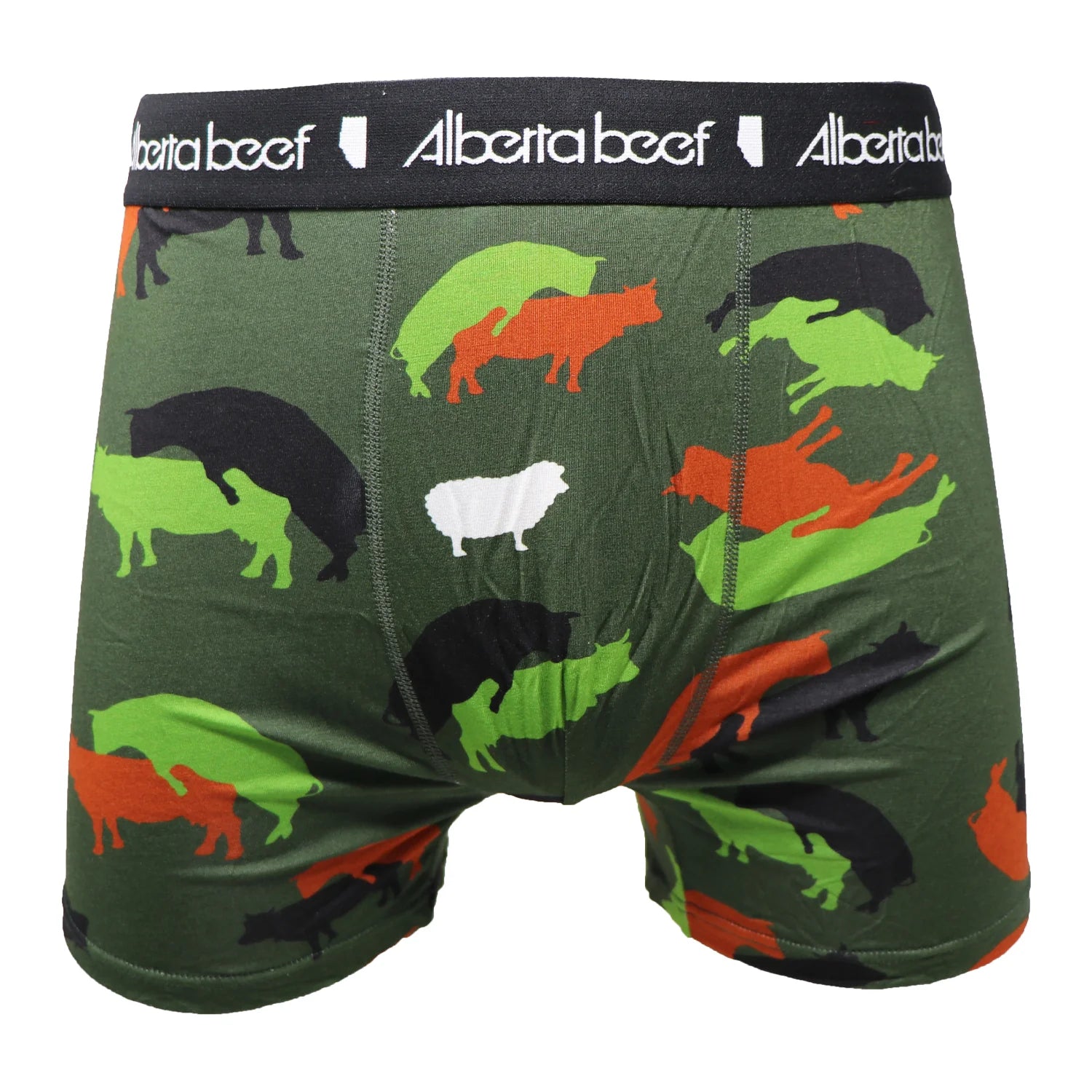 Berta Cowmo Sutra boxer brief in camo with colorful cow silhouettes and a white sheep observes.