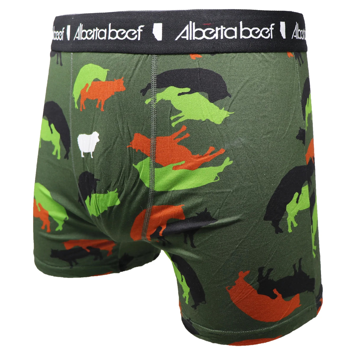 Berta Cowmo Sutra Boxer Brief in green camo with multicolor cows and a lone sheep observing.