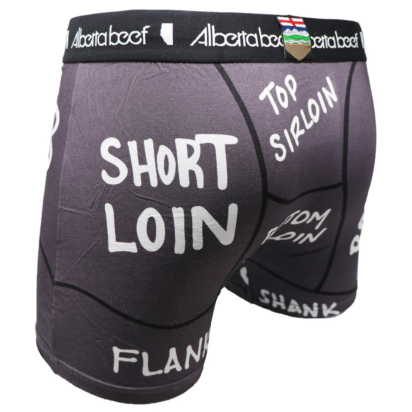 Berta Beef Cuts Boxer Brief featuring steak and potatoes diagram on dark fabric with Alberta beef waistband.