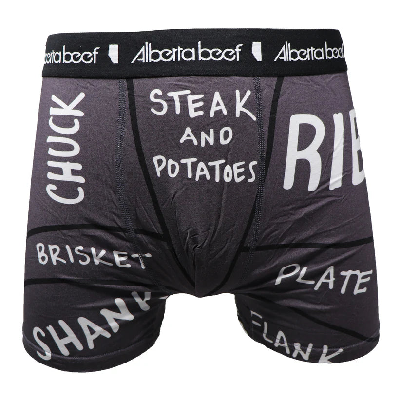Berta Beef Cuts Boxer Brief featuring steak and potatoes diagram on dark fabric with Alberta beef waistband.