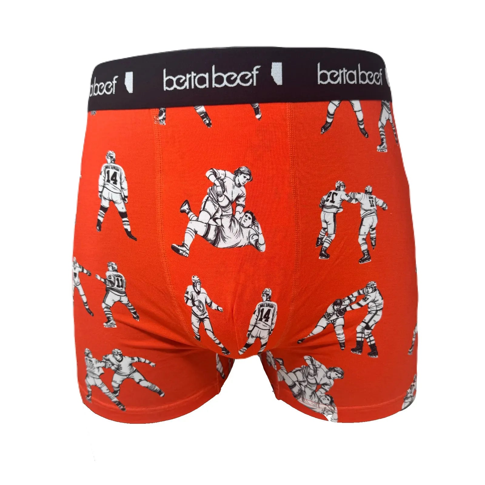 Berta Beef Fighting Major Boxer Briefs in orange with white boxing figure prints and black waistband.