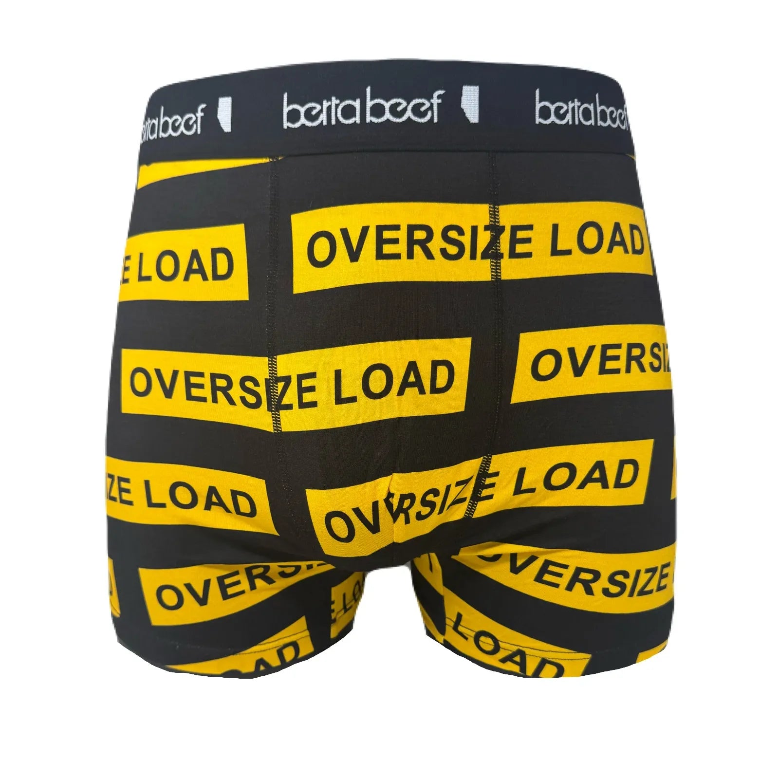Berta Beef Oversize Load boxer briefs in black with yellow oversize load labels and branded waistband.