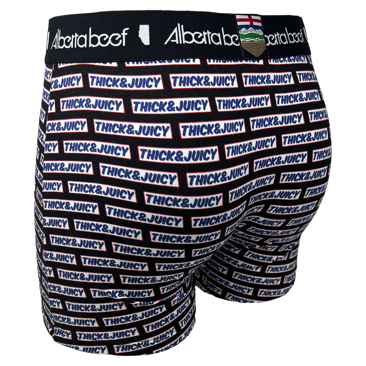 Berta Beef Thick & Juicy boxer briefs with allover THICK&JUICY print and branded black waistband.