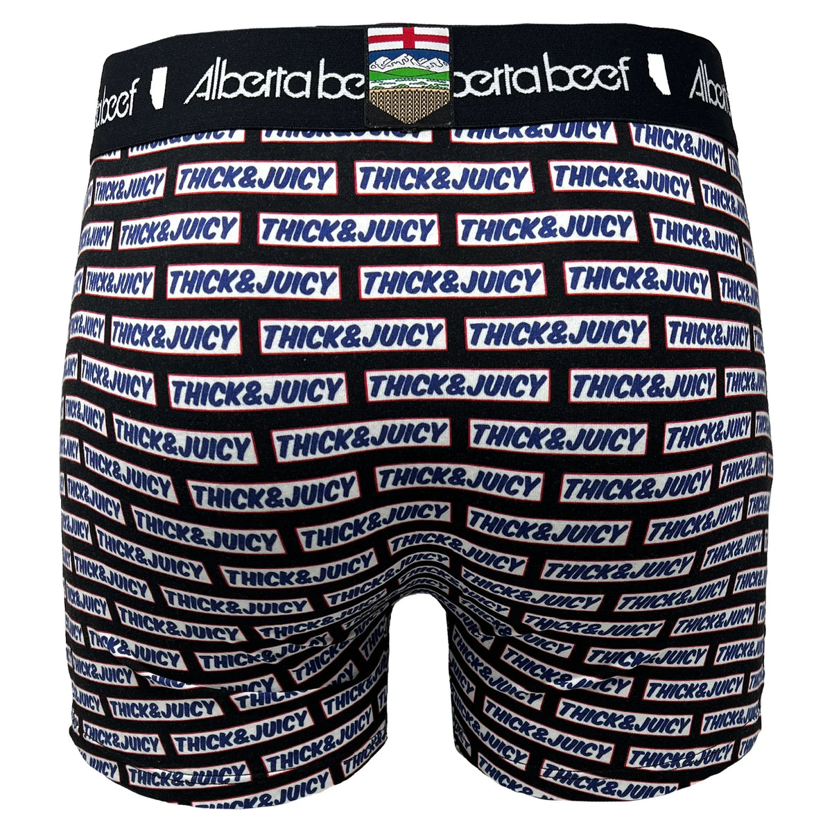 Berta Beef Thick & Juicy boxer briefs with all-over THICK&JUICY label pattern on black fabric and branded waistband.