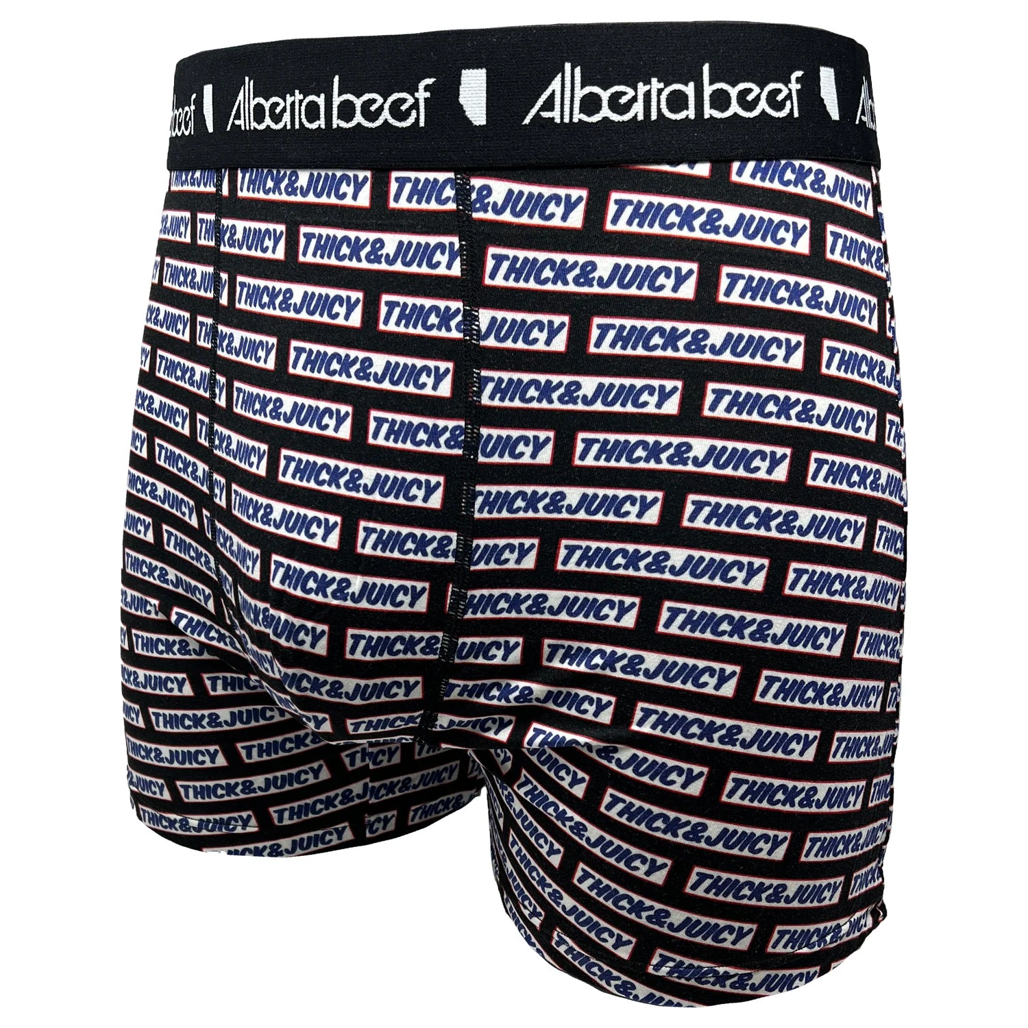 Berta Beef Thick & Juicy boxer briefs featuring a bold repeating THICK&JUICY print on black waistband.