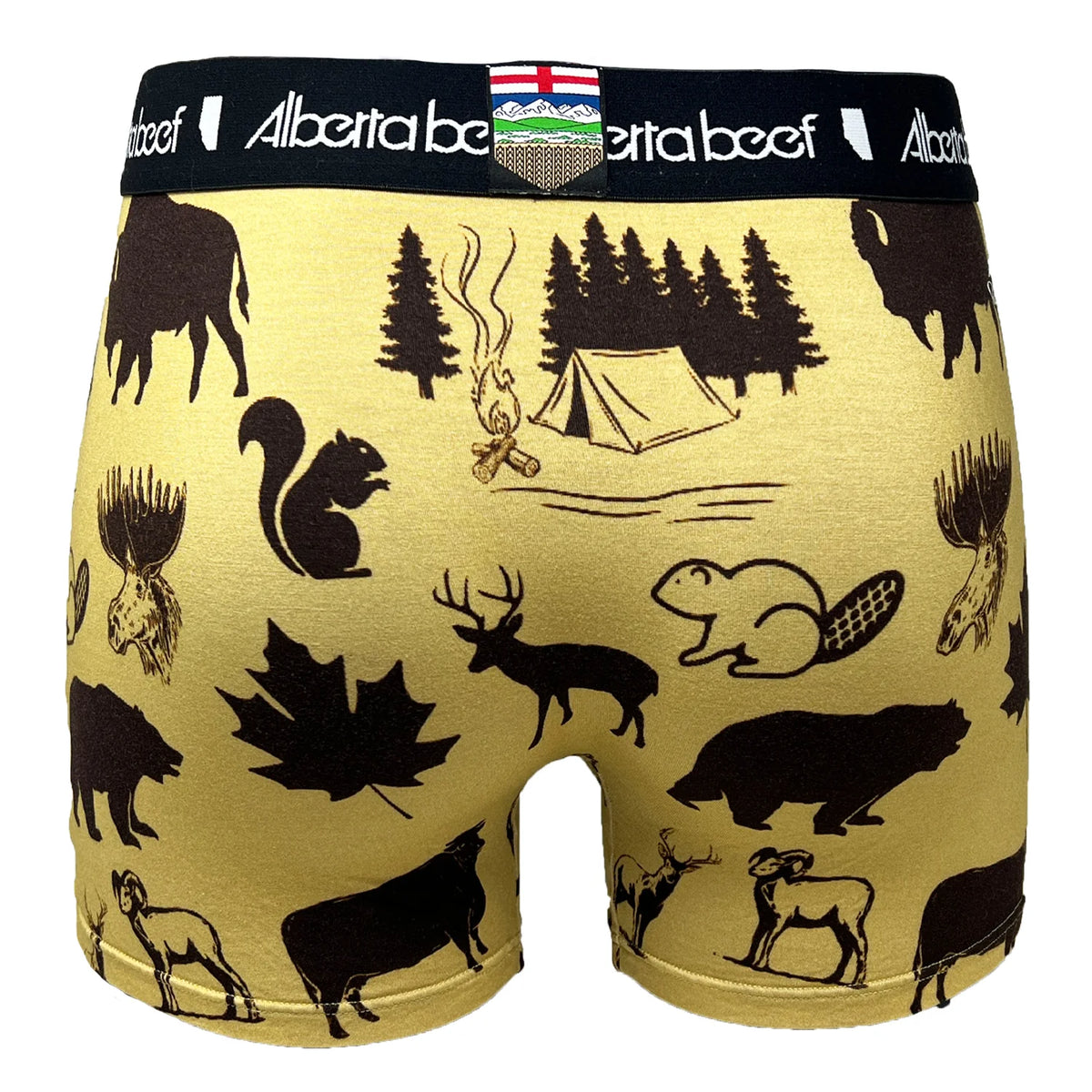 Berta Beef Wallpaper Boxer Brief in gold with Alberta beef print silhouettes and campsite scene.