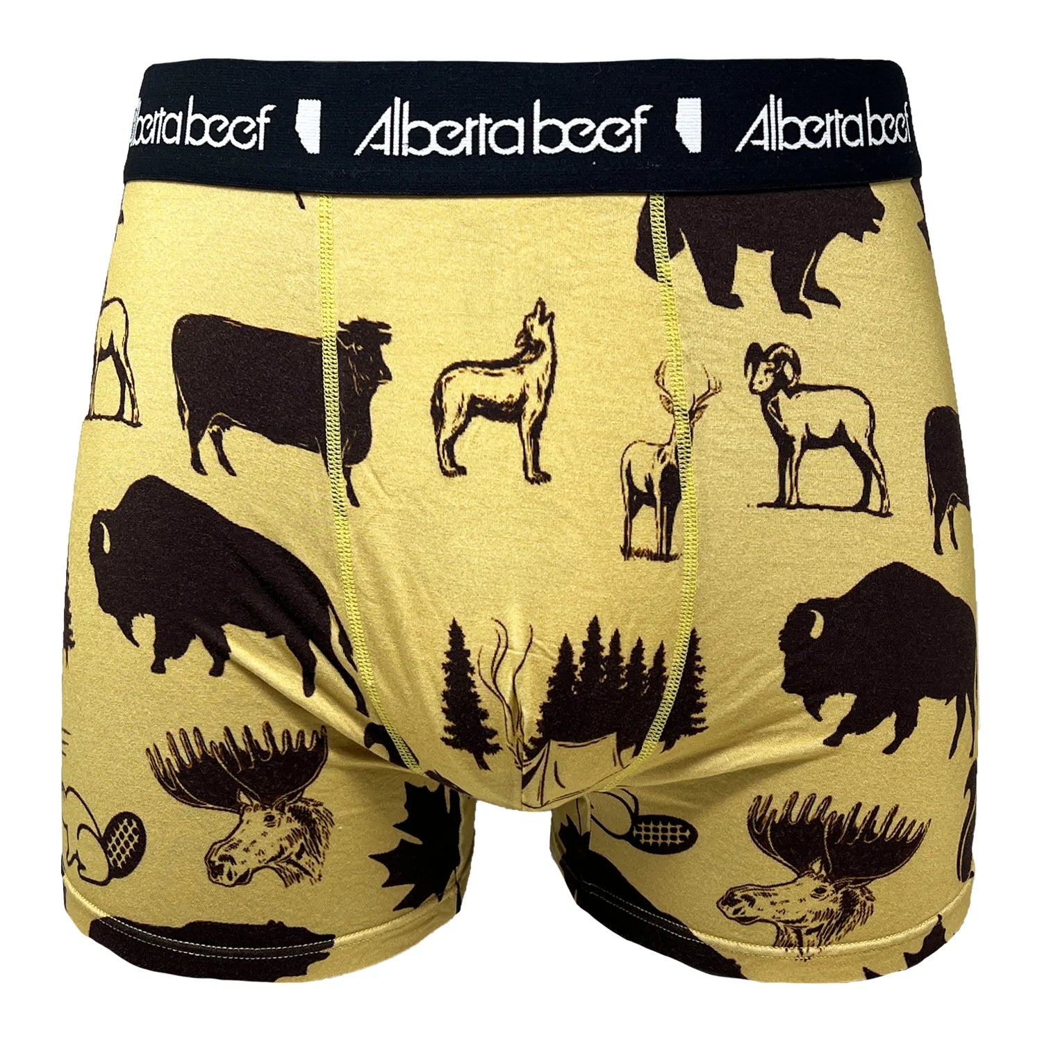 Berta Beef Wallpaper Boxer Brief with yellow fabric and black Alberta beef silhouettes, branded waistband.