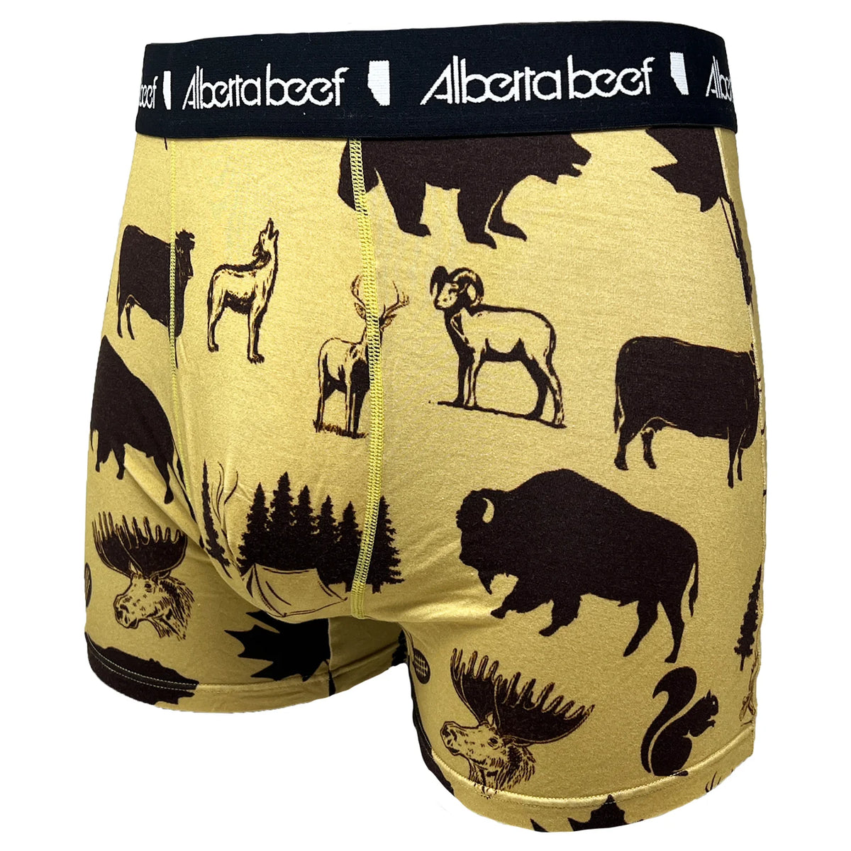 Berta Beef Wallpaper Boxer Brief in gold with black Alberta wildlife silhouettes and branded waistband.