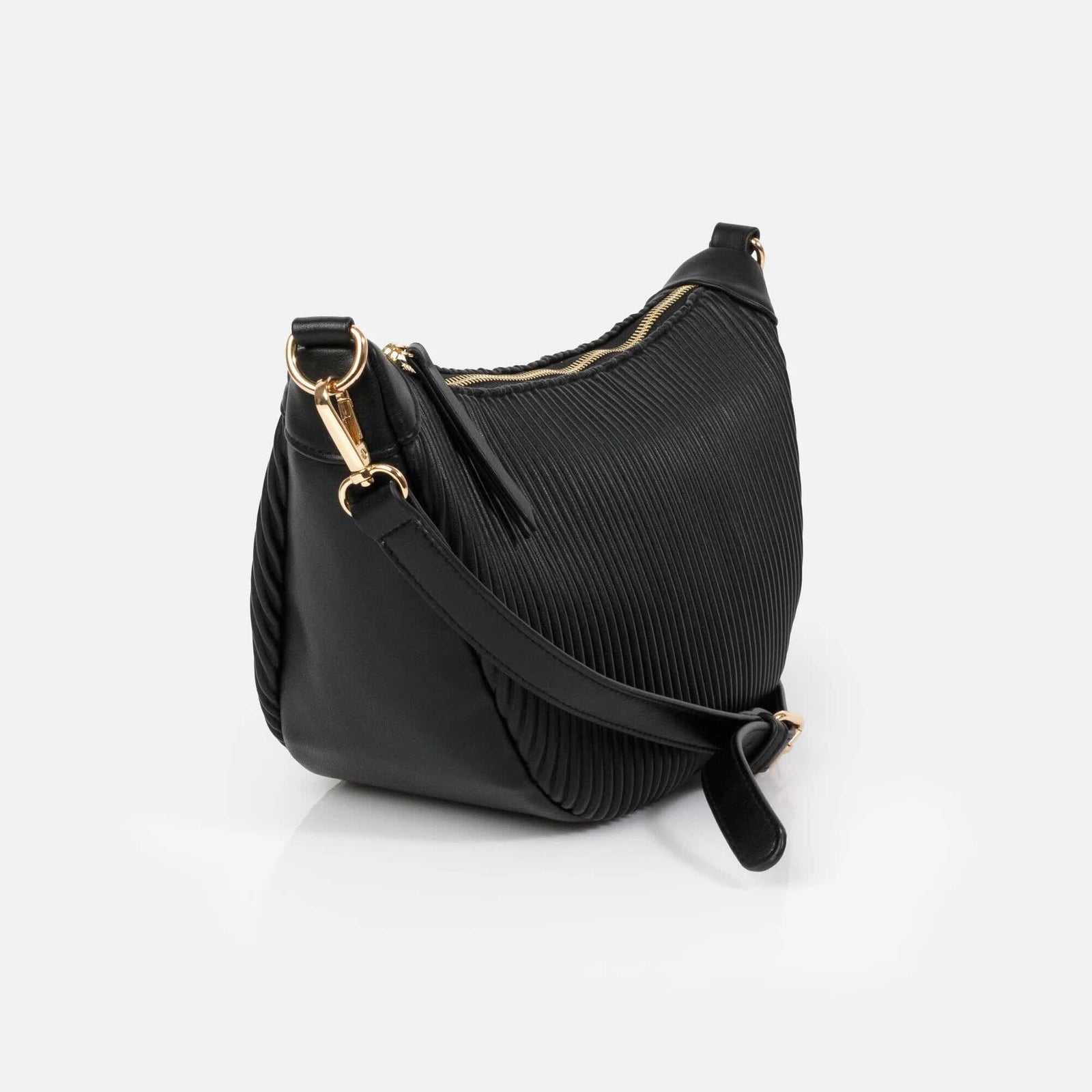 Black crescent moon wavy PU crossbody handbag with gold hardware and adjustable strap