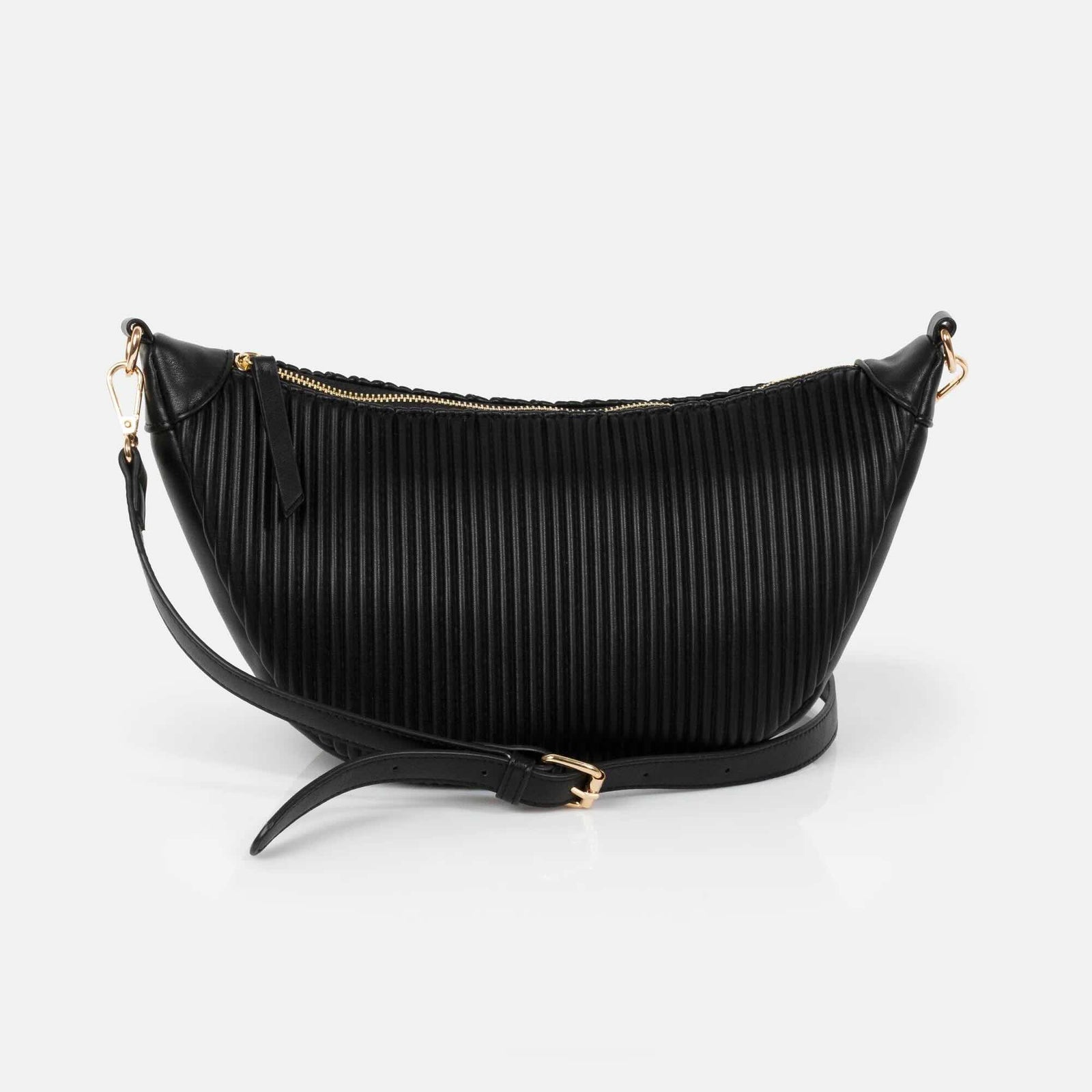 Black crescent moon wavy PU crossbody handbag with gold hardware and adjustable strap