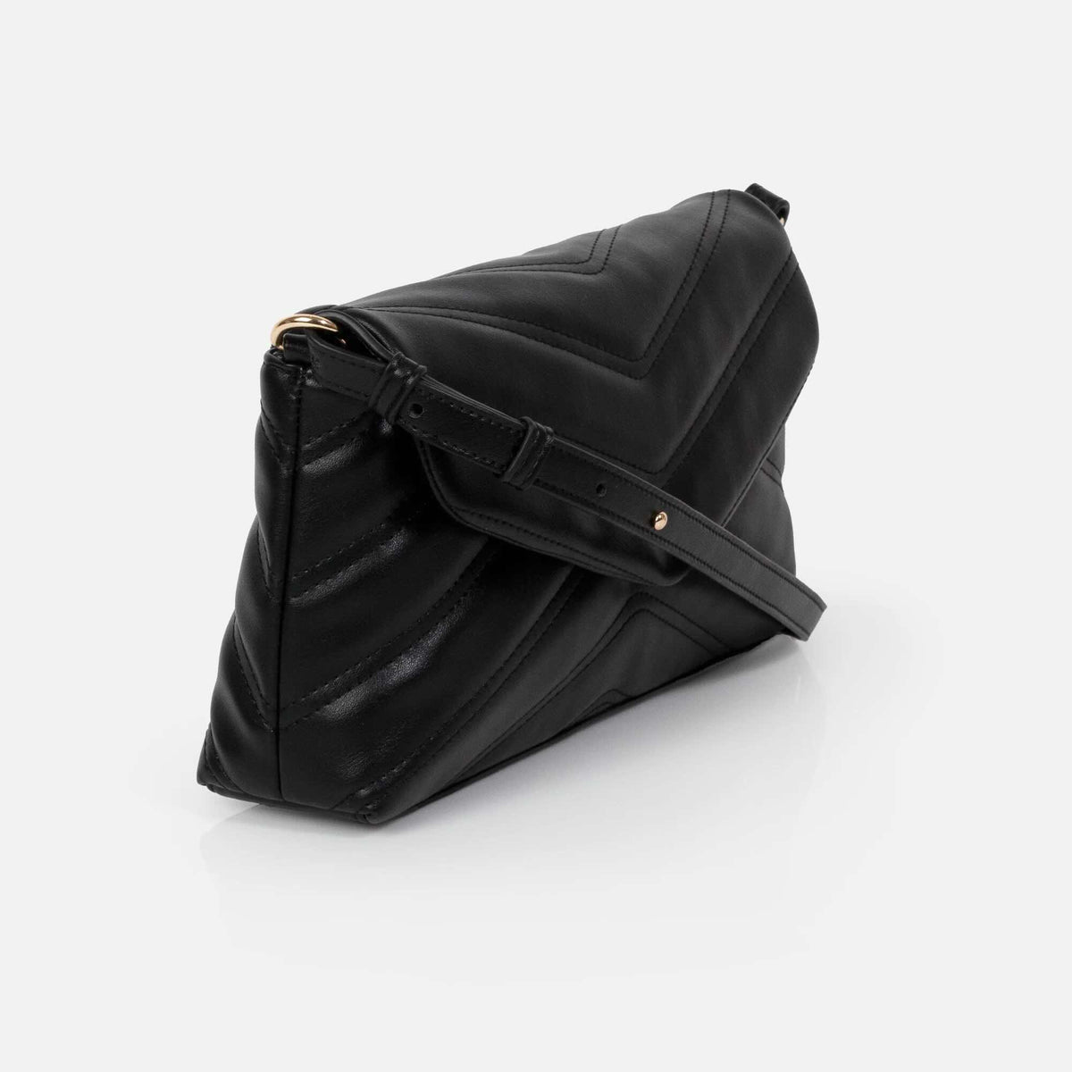 Black quilted PU crossbody bag with V-stitched design and adjustable strap with gold hardware.
