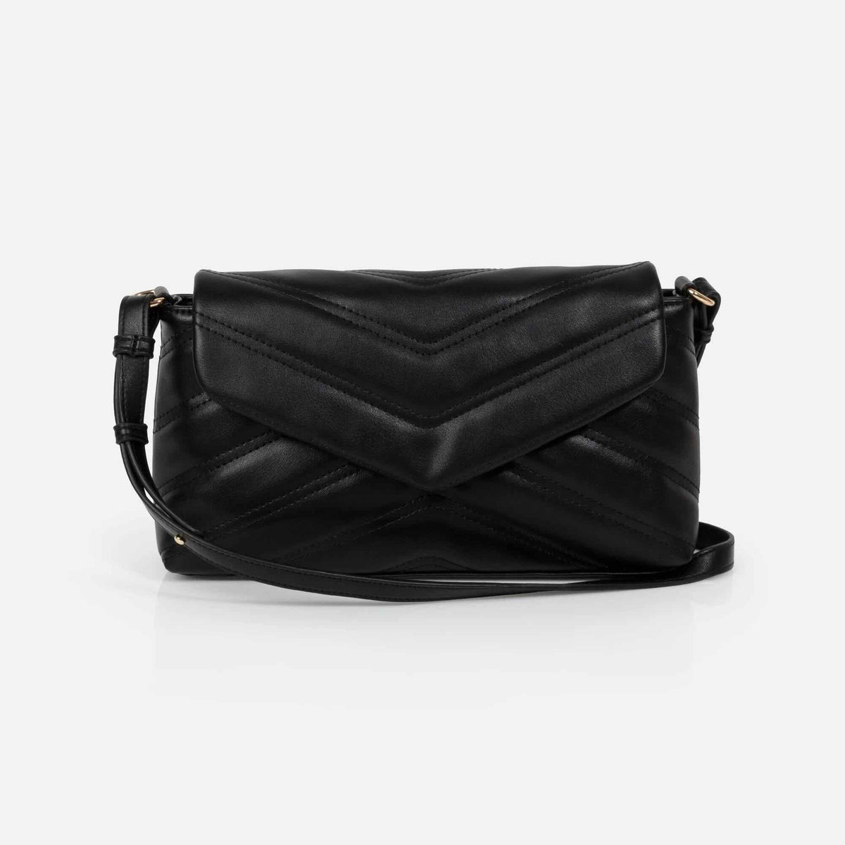 Black quilted PU crossbody bag with V-stitched chevron pattern and adjustable strap.