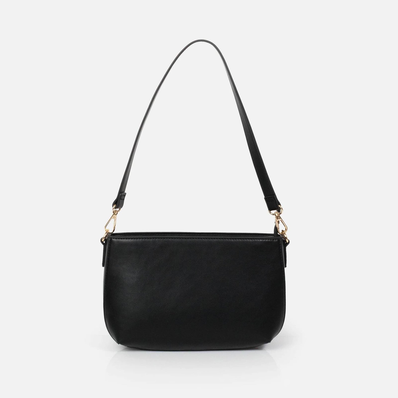 Black smooth PU handbag with minimalist silhouette, gold-tone hardware, and a single shoulder strap.