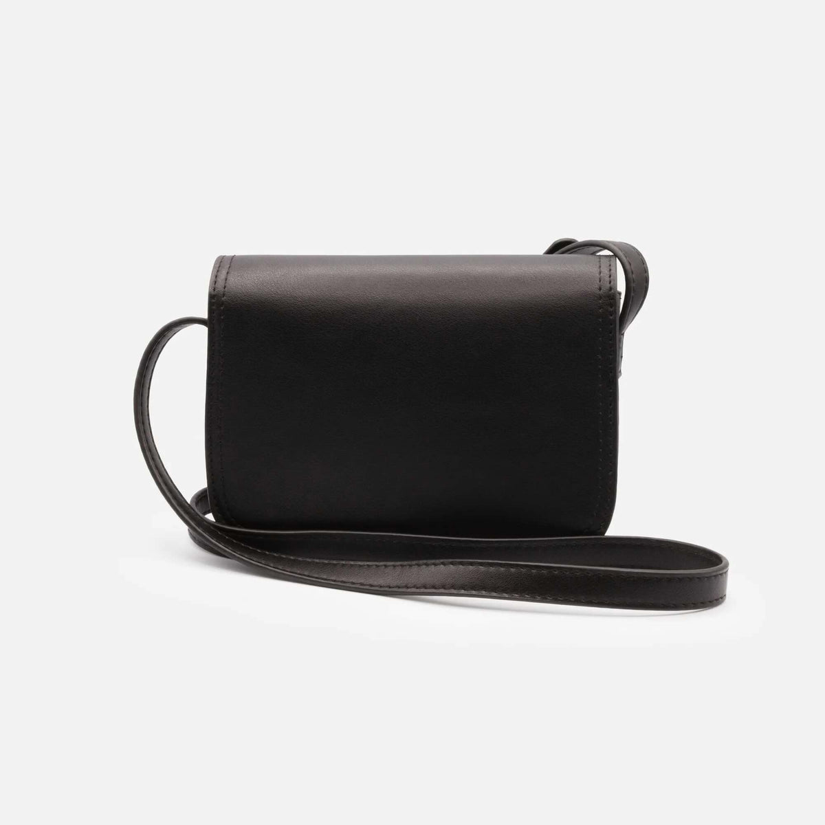Black smooth PU shoulder bag with an asymmetric flap, minimalist silhouette, gold hardware, crossbody strap.