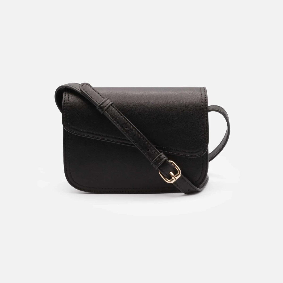 Black smooth PU shoulder bag with an asymmetric flap and gold hardware.