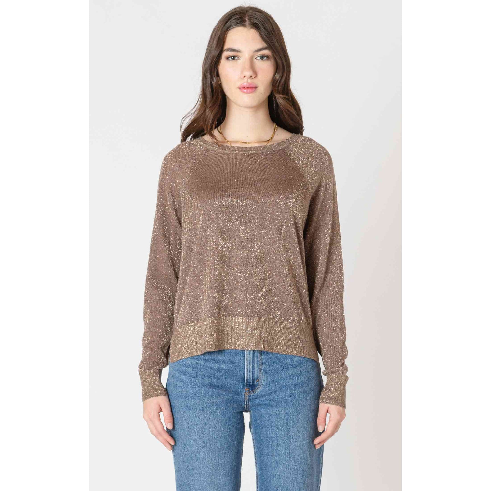 Dex Black Tape Lurex Raglan Sweater with shimmering finish and boat neck, raglan sleeves.