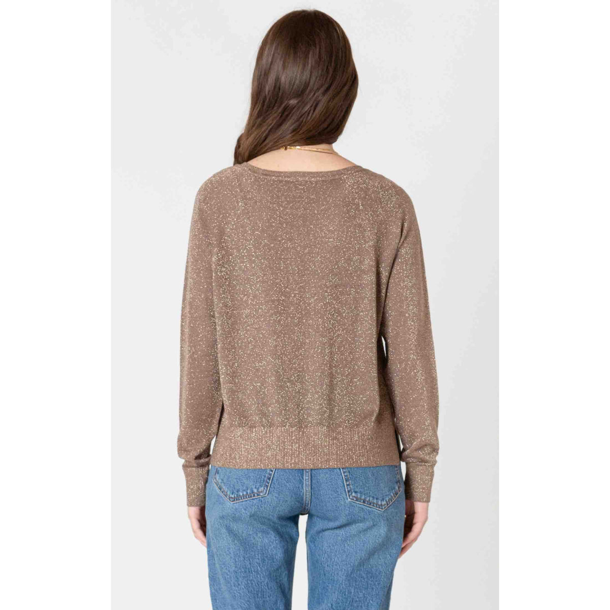 Dex Black Tape Lurex Raglan Sweater in taupe with shimmer, back view showing raglan sleeves and ribbed hem.