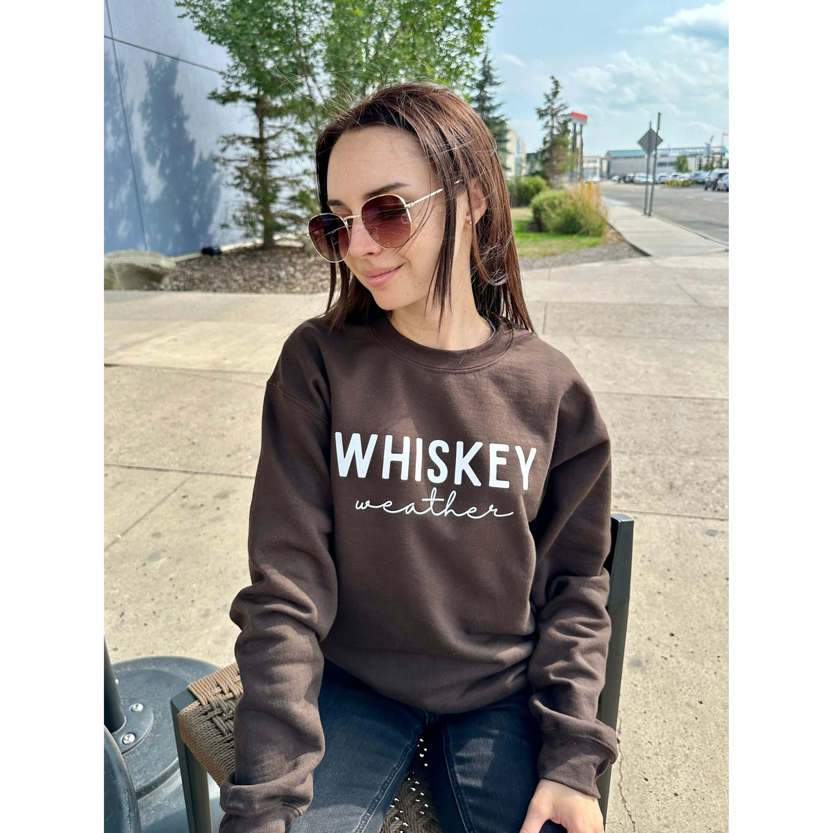 Whiskey Weather Crew Sweater by our store: cozy knit with whiskey nod for warm, refined style.