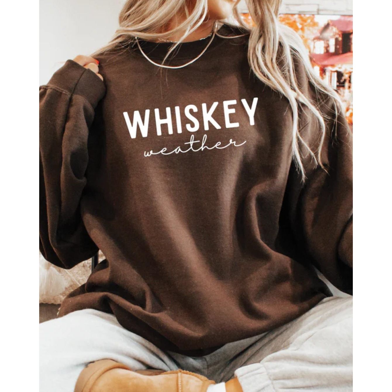 Whiskey Weather Crew Sweater by Blonde Ambition in brown knit, cozy luxury for chilly days.