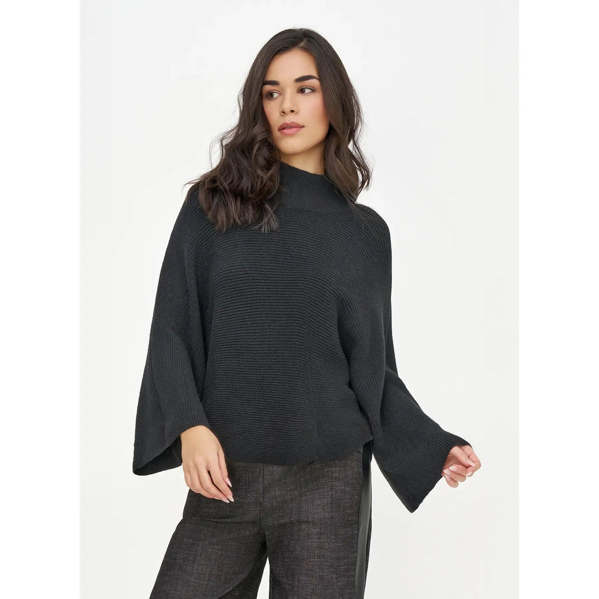M Made in Italy mock-neck long-sleeve pullover sweater in black with bat sleeves.