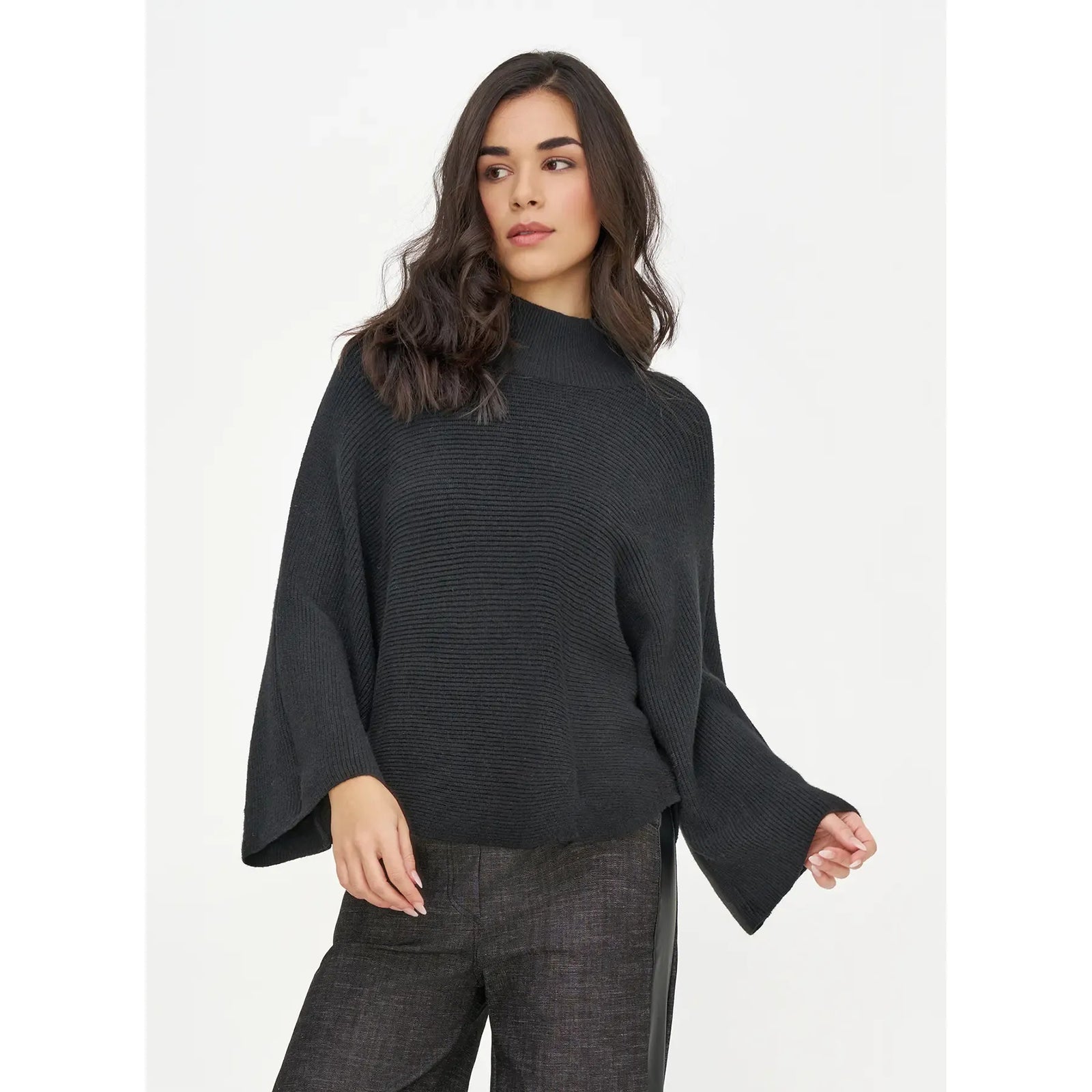 M Made in Italy mock-neck long-sleeve pullover sweater in black with bat sleeves.