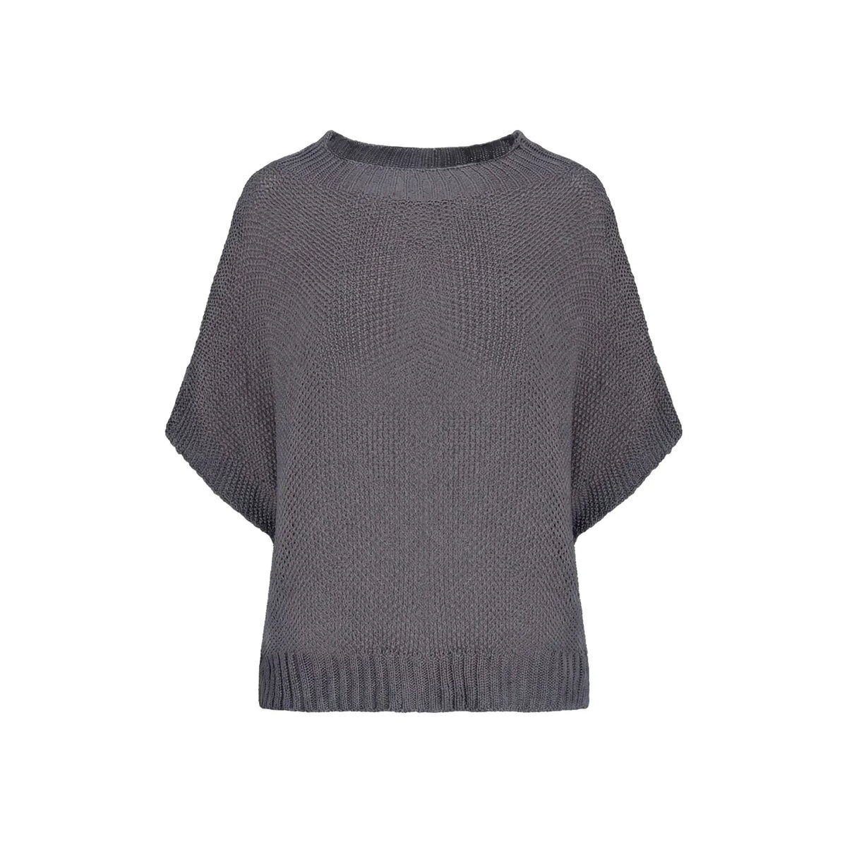 M Made in Italy mock-neck short-sleeve knit pullover in Ash grey, breathable 100% acrylic.