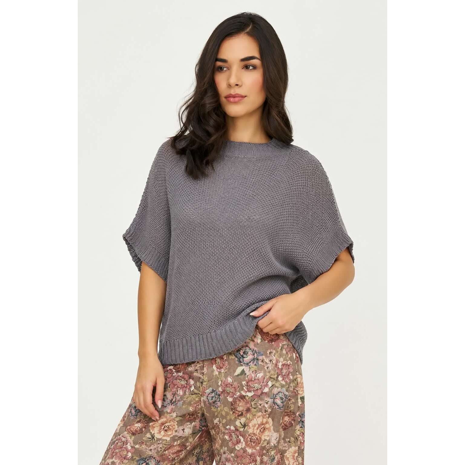M Made in Italy mock-neck SS pullover sweater in pecan, 100% acrylic knit worn by model.